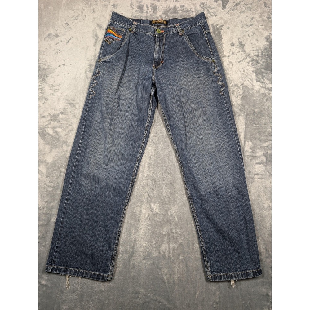 Mecca Jeans Mens 36x31 Baggy Denim Rainbow Embroidered Y2K Hip Hop 90s